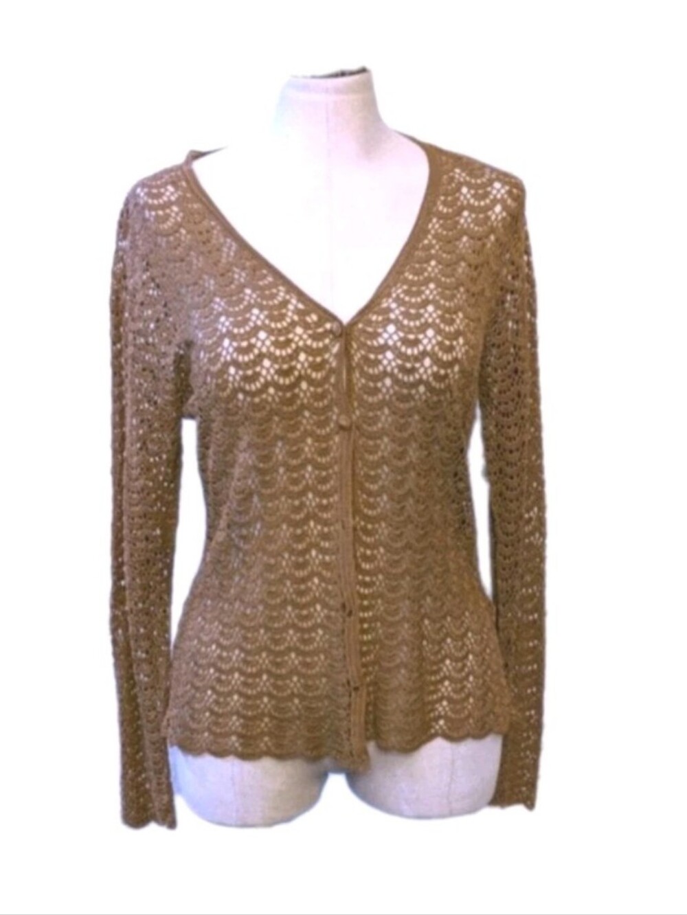 Mendocino Crochet knit cardigan cover up beige Women's size S M Cotton Blouse